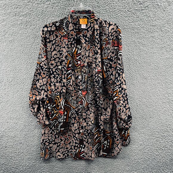 Ruby Rd. Tops - Ruby Rd Womens Tunic Top 18 Brown Tan Geometric Button Front Long Sleeve Shirt